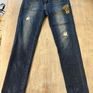 Versace Dark Blue Distressed Jeans with Gold Embroidered Detail